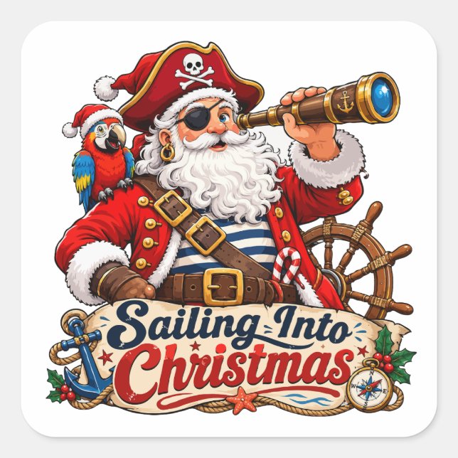 Sailing Into Christmas Pirate Santa Square Sticker (Front)