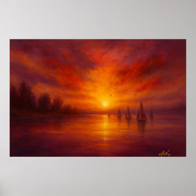 Sailing into Sunset - Fiery Sky Over Calm Waters Poster (Front)