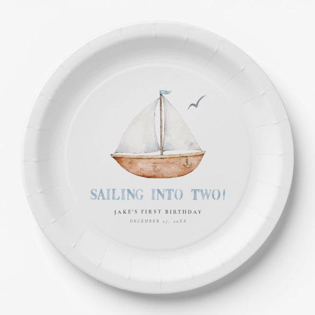 Sailing Into Two Nautical Birthday Paper Plate (Front)