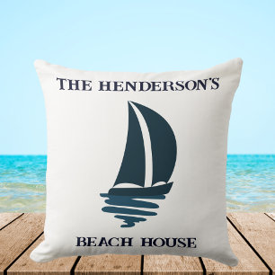 Sailing Navy Blue Yacht Family Name Beach House Cushion