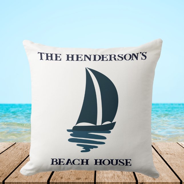 Sailing Navy Blue Yacht Family Name Beach House Cushion (Creator Uploaded)