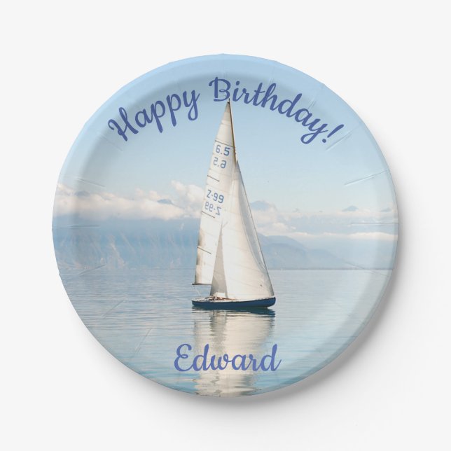 Sailing on a Calm Mirror-like Sea Bay Paper Plate (Front)