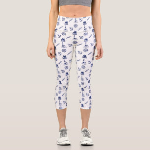 Sailing Pattern Navy Blue on White Capri Leggings