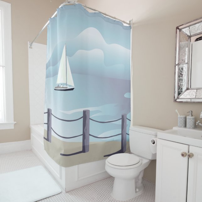 Sailing Sailboat Aqua Ocean Shower Curtain (In Situ)