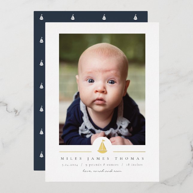 Sailing Sailing Birth Announcement Foil Invitation (Front/Back)