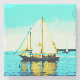 sailing schooner marble stone magnet coaster
