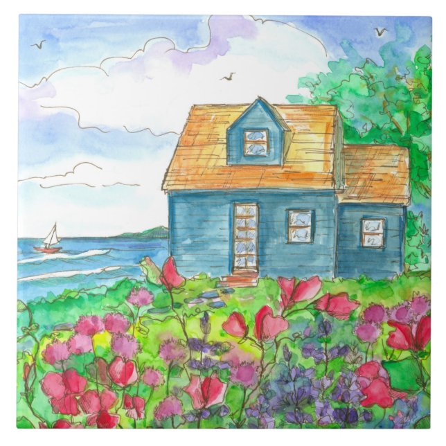 Sailing Seaside Cottage Sweet Peas Tile (Front)
