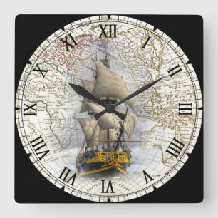 Sailing Ship ~ 1789 Eastern Hemisphere Map ~ Square Wall Clock