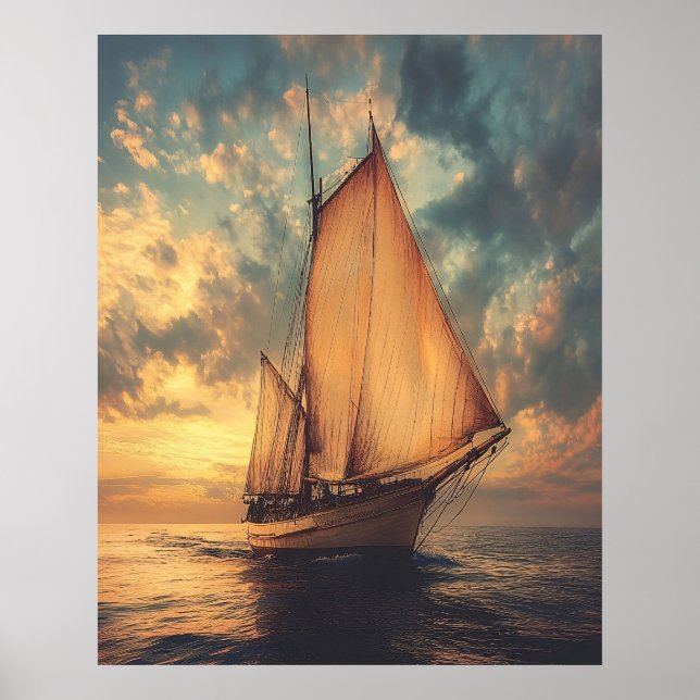 Sailing Ship Against a Sunset Poster (Front)