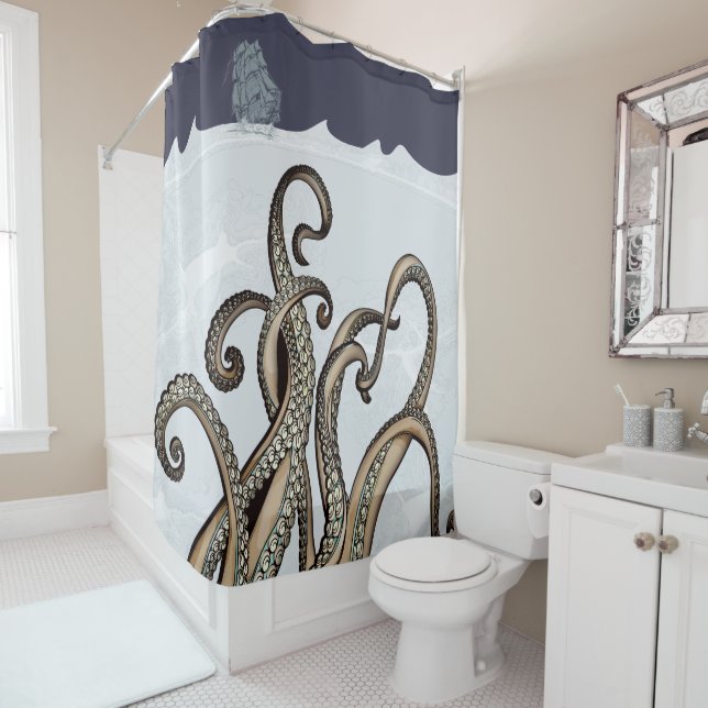 Sailing Ship and Sea Monster Kraken Shower Curtain (In Situ)