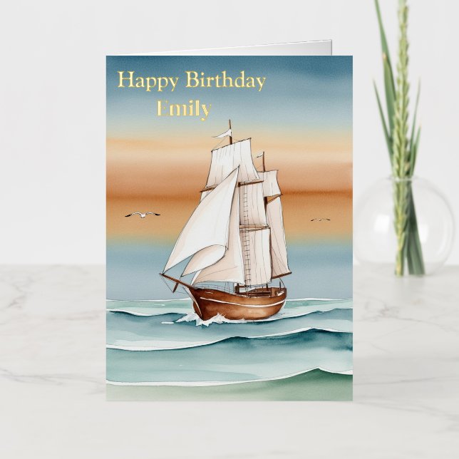Sailing Ship at Dawn Happy Birthday Foil Greeting Card (Front)