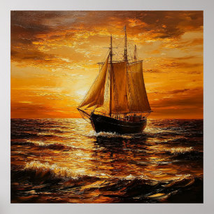Sailing Ship at Sunset with Golden Sky Poster