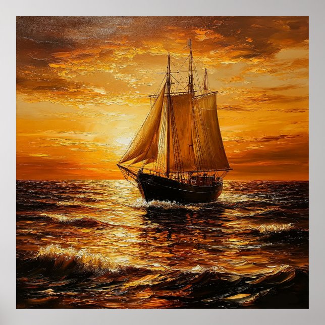 Sailing Ship at Sunset with Golden Sky Poster (Front)
