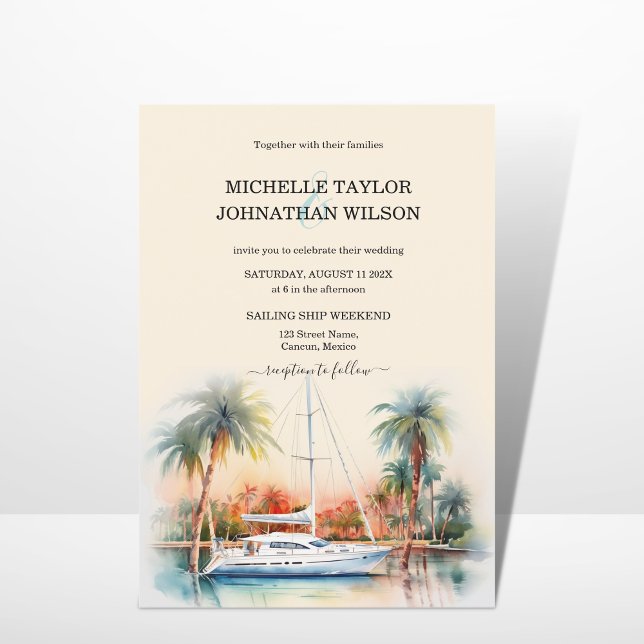 Sailing Ship Destination Wedding Palm Trees Beach Invitation (Creator Uploaded)