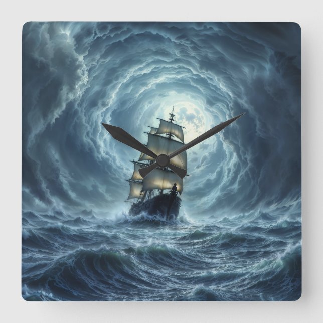 Sailing ship epic storm dark fantasy decor square wall clock (Front)