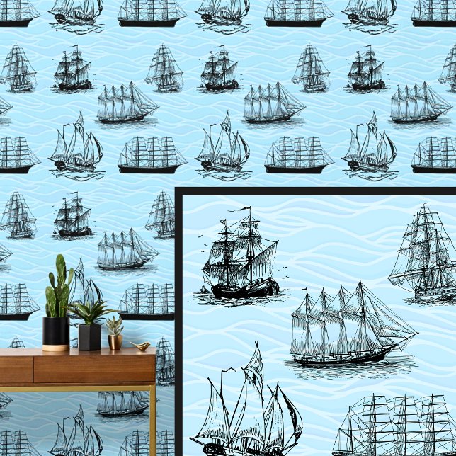 Sailing Ship Illustrations on Blue Waves  Wallpaper (Creator Uploaded)