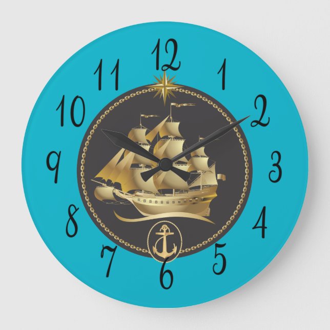 Sailing Ship in Gold and Black Large Clock (Front)