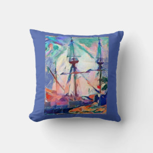 sailing ship in port whimsical design cushion