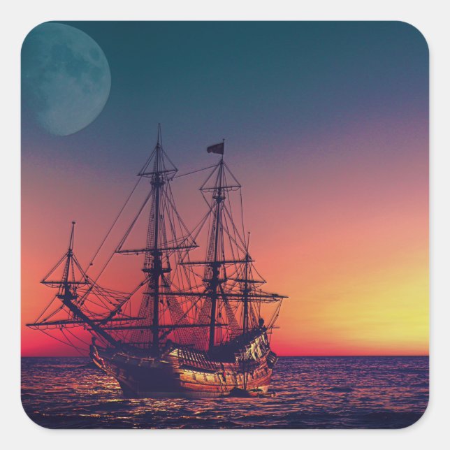 Sailing Ship into the Sunset Square Sticker (Front)