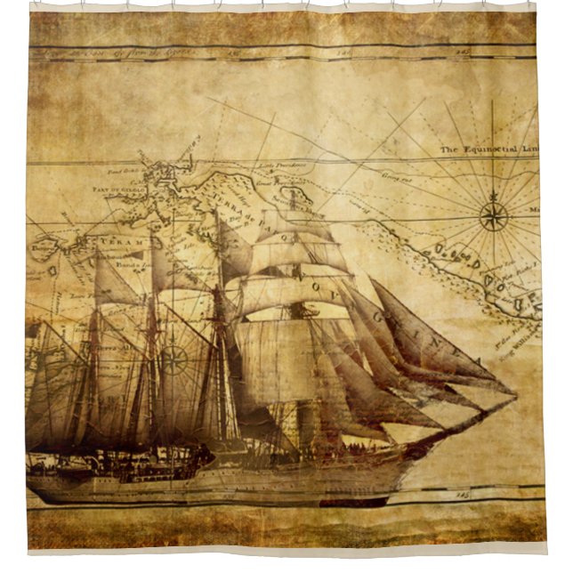sailing ship on parchment shower curtain (Front)