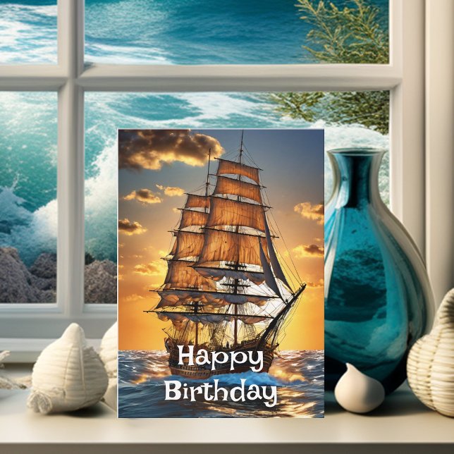 Sailing Ship on the Ocean at Dawn Happy Birthday Card (Creator Uploaded)