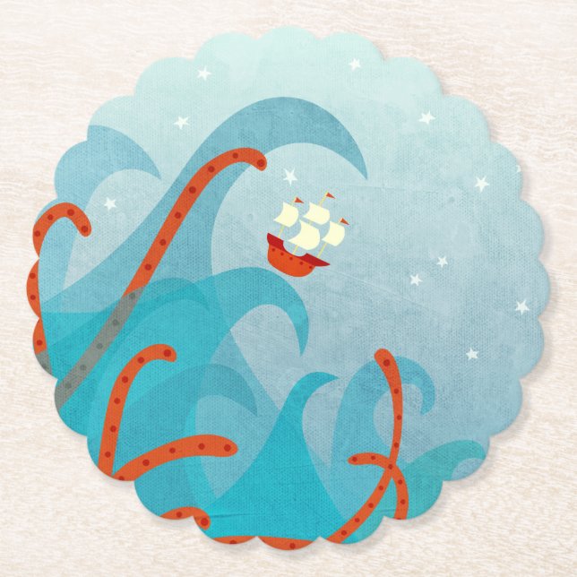 Sailing Ship Sea Monster Paper Coaster (Front)