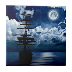 sailing ship with full moon tile