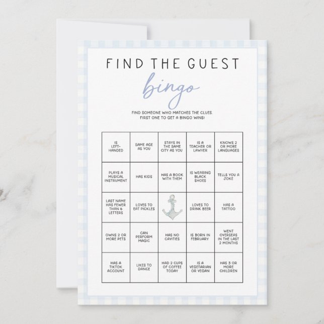 Sailing Themed Baby Shower Game - Guest Bingo (Front)