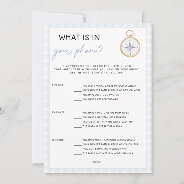 Sailing Themed Baby Shower Game - Whats in Phone (Front)