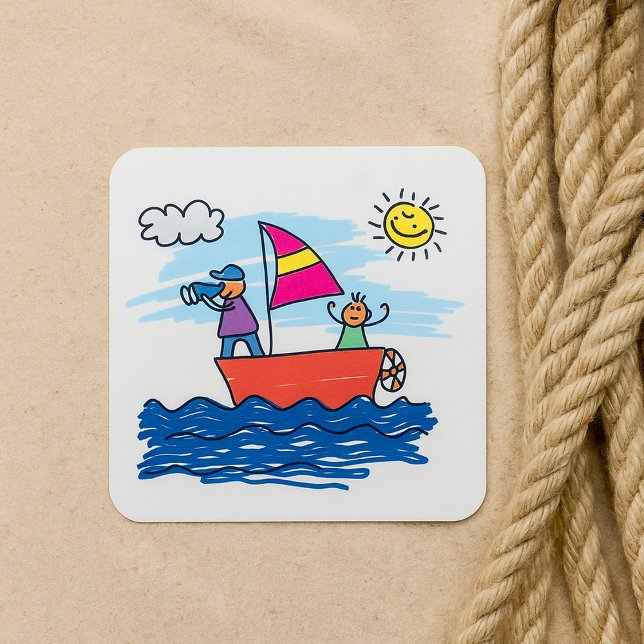 Sailing Trip Illustration Sail Boat Square Sticker (Creator Uploaded)