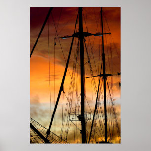 Sailing yacht mast at sunrse background poster