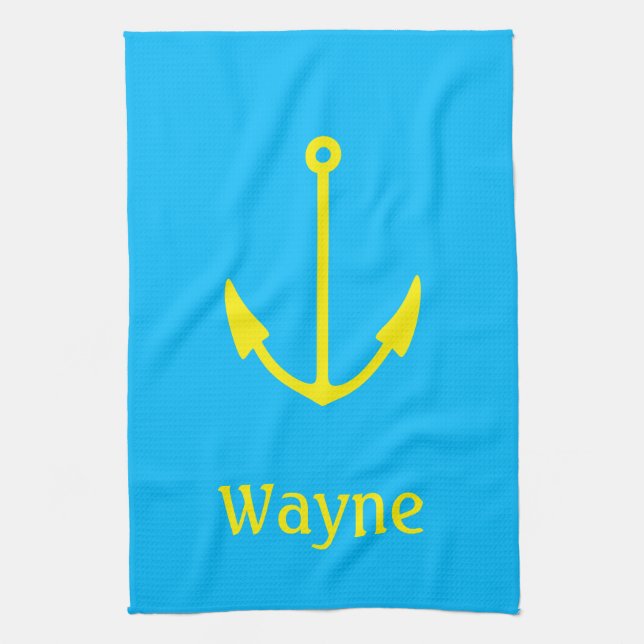 Sailor Anchor Blue Boat (Name) Yellow Tea Towel (Vertical)