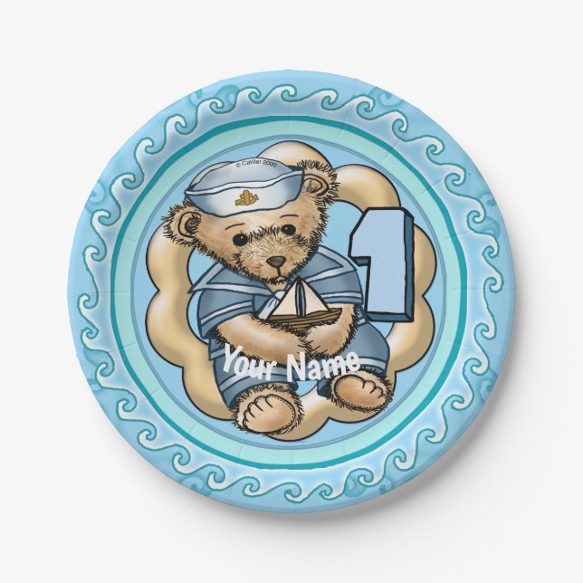 Sailor Bear 1 Year old Birthday   paper plates (Front)