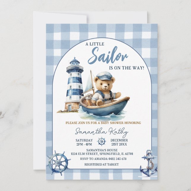 Sailor Bear Blue Gingham Baby Shower Invitation (Front)