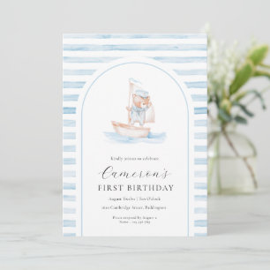 Sailor Bear Blue Stripe Arch First Birthday Invitation