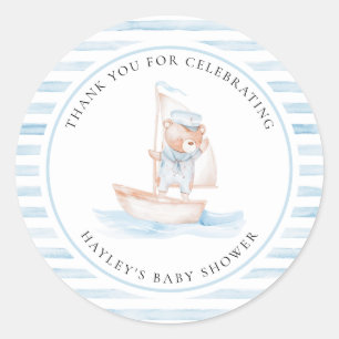 Sailor Bear Blue Stripe Baby Shower Classic Round Sticker