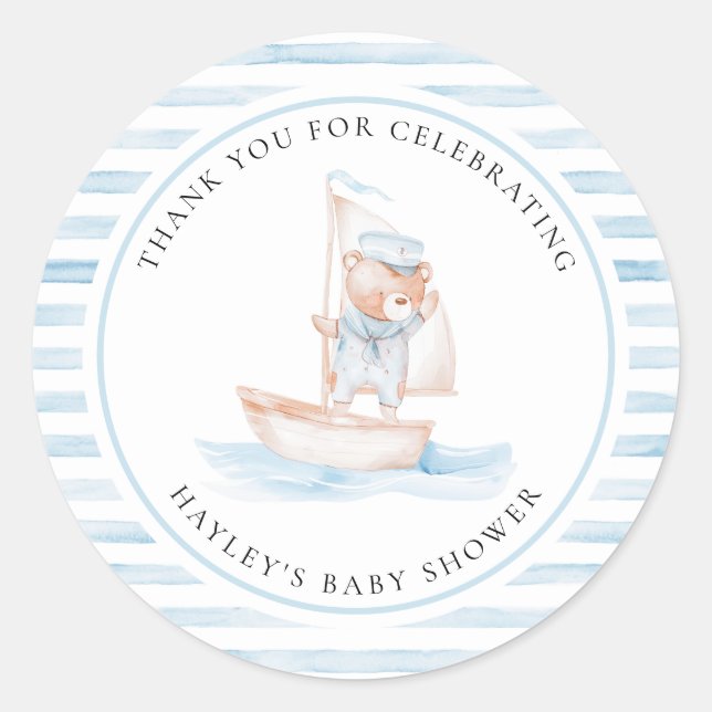 Sailor Bear Blue Stripe Baby Shower Classic Round Sticker (Front)