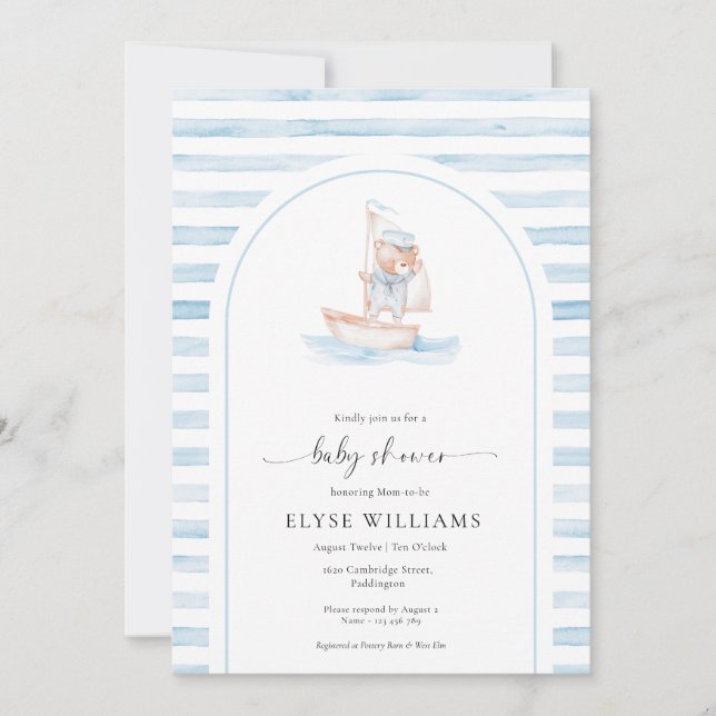 Sailor Bear Blue Stripe Baby Shower Invitation (Front)