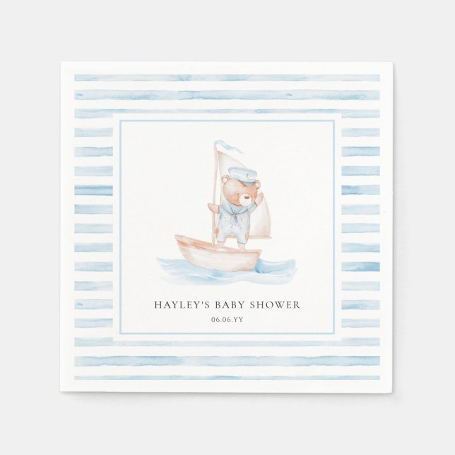 Sailor Bear Blue Stripe Baby Shower Napkin (Front)