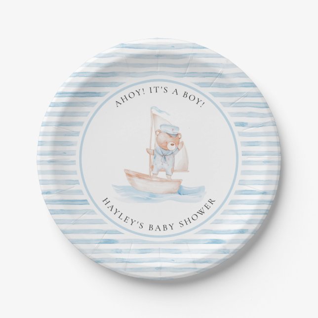 Sailor Bear Blue Stripe Baby Shower Paper Plate (Front)