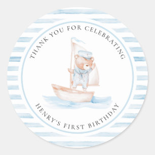 Sailor Bear Blue Stripe Birthday Classic Round Sticker