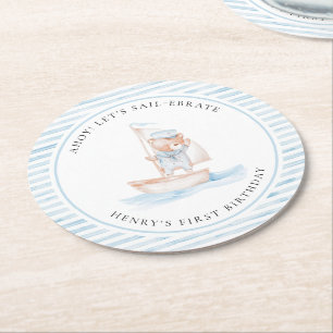 Sailor Bear Blue Stripe Birthday Round Paper Coaster