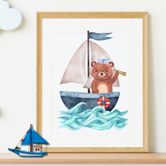 Sailor Bear Boat Waves Nautical Summer Boy Nursery Poster