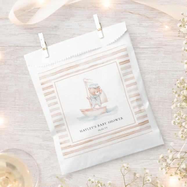 Sailor Bear Tan Stripe Baby Shower Favour Bags (Clipped)