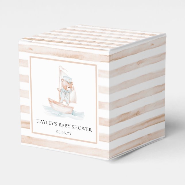 Sailor Bear Tan Stripe Baby Shower Favour Box (Front Side)