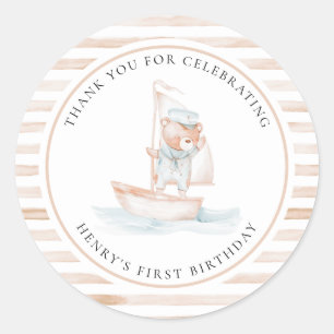 Sailor Bear Tan Stripe Birthday Classic Round Sticker