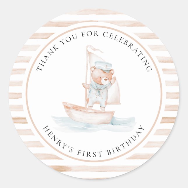 Sailor Bear Tan Stripe Birthday Classic Round Sticker (Front)