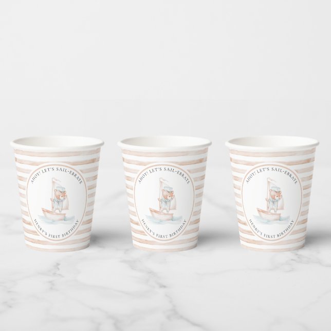 Sailor Bear Tan Stripe Birthday Paper Cups (Multi)