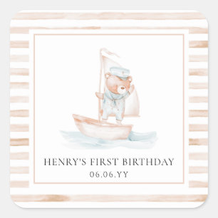 Sailor Bear Tan Stripe Birthday Square Sticker