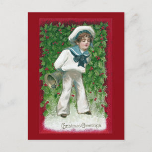 Sailor Boy and Bell Vintage Christmas Holiday Postcard